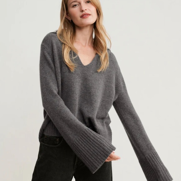 $425 Jenni Kayne Frances Polo Cashmere Sweater in Thunder - Size L - Picture 1 of 10
